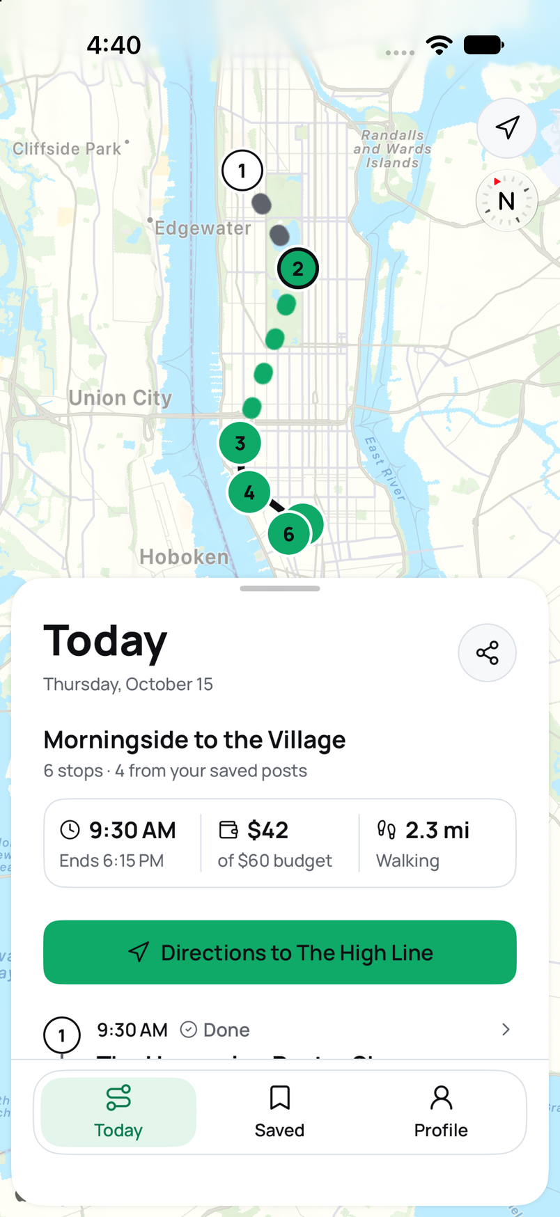 Plandit route view showing six numbered stops connected on a map.