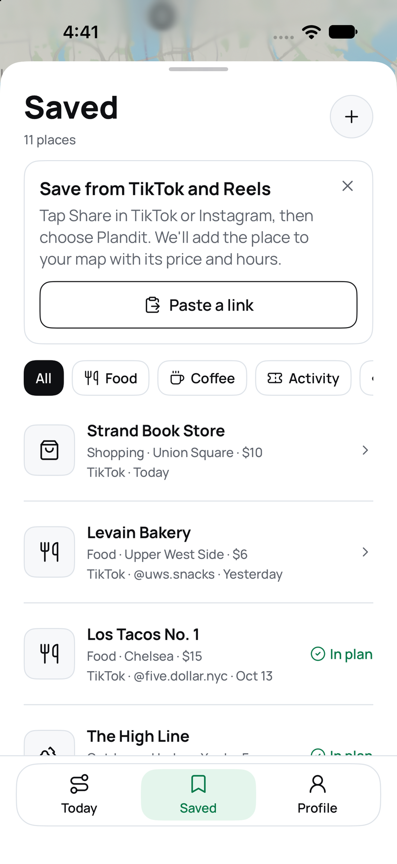 Plandit Saved screen with places collected from social posts and links.