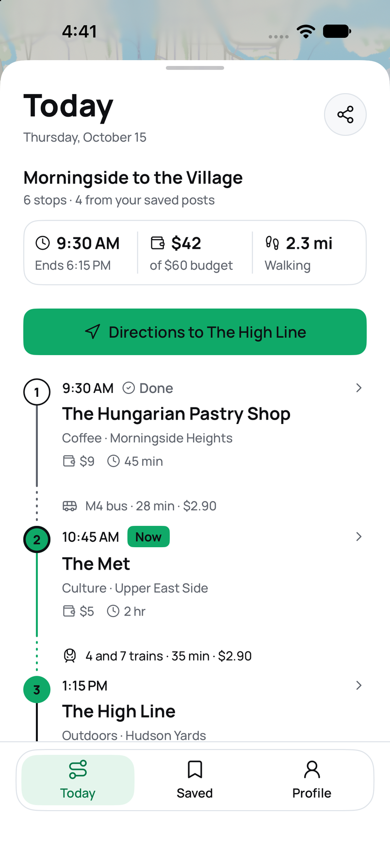 Plandit day plan showing six stops from Morningside to the Village, with timing, cost, walking distance, and directions.